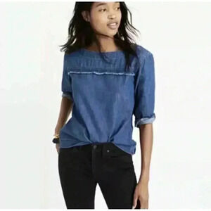 MADEWELL Denim Herald Tee Chambray Frayed Trim Blouse Blue Cotton Size L